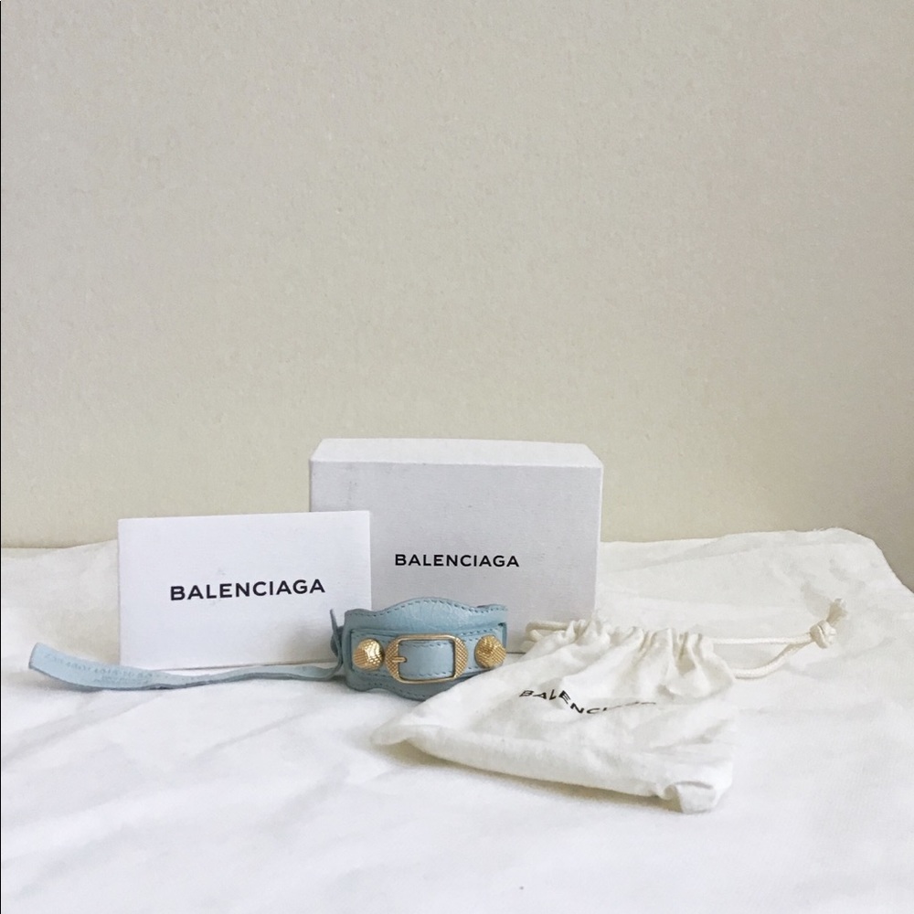 BALENCIAGA Moto Cuff Baby Blue Gold w/Hardware